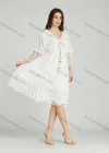Wholesale Women's Casual Plain Eyelet Embroidered Tassel V Neck 3/4 Sleeve Dress A0975# - Liuhuamall