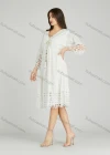 Wholesale Women's Casual Plain Eyelet Embroidered Tassel V Neck 3/4 Sleeve Dress A0975# - Liuhuamall