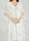 Wholesale Women's Casual Plain Eyelet Embroidered Tassel V Neck 3/4 Sleeve Dress A0975# - Liuhuamall