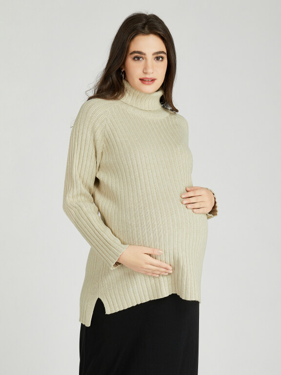 Casual Plain Turtleneck Side Slit Long Sleeve Ribbed High Low Hem Maternity Sweater HB1069#, Clothing Wholesale Market -LIUHUA, WOMEN, Sweaters