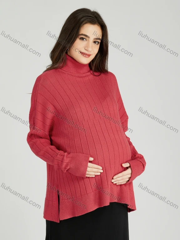 Wholesale Casual Plain Turtleneck Side Slit Long Sleeve Ribbed Maternity Sweater HB1068#