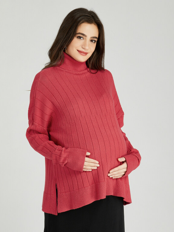 Casual Plain Turtleneck Side Slit Long Sleeve Ribbed Maternity Sweater HB1068#, Clothing Wholesale Market -LIUHUA, WOMEN, Sweaters-Knits