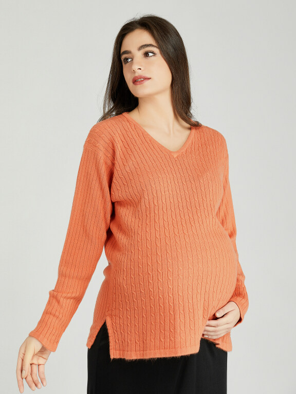 Casual Plain V Neck Side Slit Long Sleeve Cable Knit Maternity Sweater HB1070#, Clothing Wholesale Market -LIUHUA, WOMEN, Sweaters-Knits