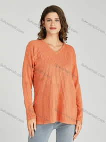 Wholesale Women's Casual Plain V Neck Side Slit Long Sleeve Cable Knit Sweater HB1070#, LIUHUA CLOTHING WHOLESALE