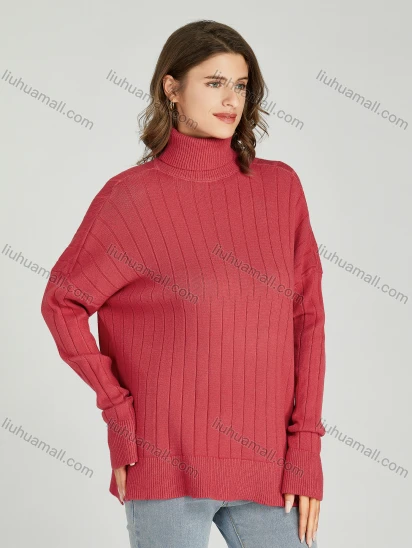 Wholesale Women's Casual Plain Turtleneck Side Slit Long Sleeve Ribbed Sweater HB1068#