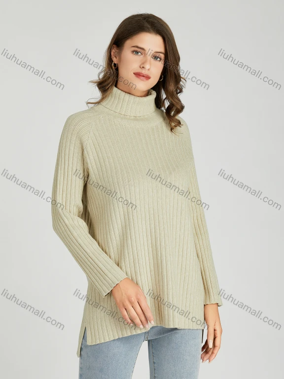 Wholesale Women's Casual Plain Turtleneck Side Slit Long Sleeve Ribbed High Low Hem Sweater HB1069#