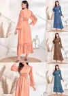 Wholesale Women's Casual Plain Swiss Dot Shirred Round Neck Long Sleeve Ruffle Hem Maxi Dress - Liuhuamall