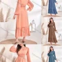 Wholesale Women's Casual Plain Swiss Dot Shirred Round Neck Long Sleeve Ruffle Hem Maxi Dress preview