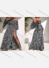 Wholesale Women's Casual Leopard Print Ruffle Trim Off Shoulder Shirred Split Side Maxi Cocktail Dress - Liuhuamall