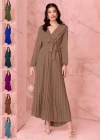 Wholesale Women's Casual Plain Wrap V Neck Long Sleeve Ruffle Trim Pleated Maxi Dress With Belt - Liuhuamall
