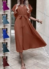 Wholesale Women's Casual Plain V Neck Short Sleeve Midi Dress With Belt - Liuhuamall