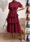 Wholesale Women's Casual Plain Mock Neck Short Sleeve Pleated Layered Hem Midi Dress With Belt - Liuhuamall