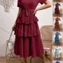 Wholesale Women's Casual Plain Mock Neck Short Sleeve Pleated Layered Hem Midi Dress With Belt preview