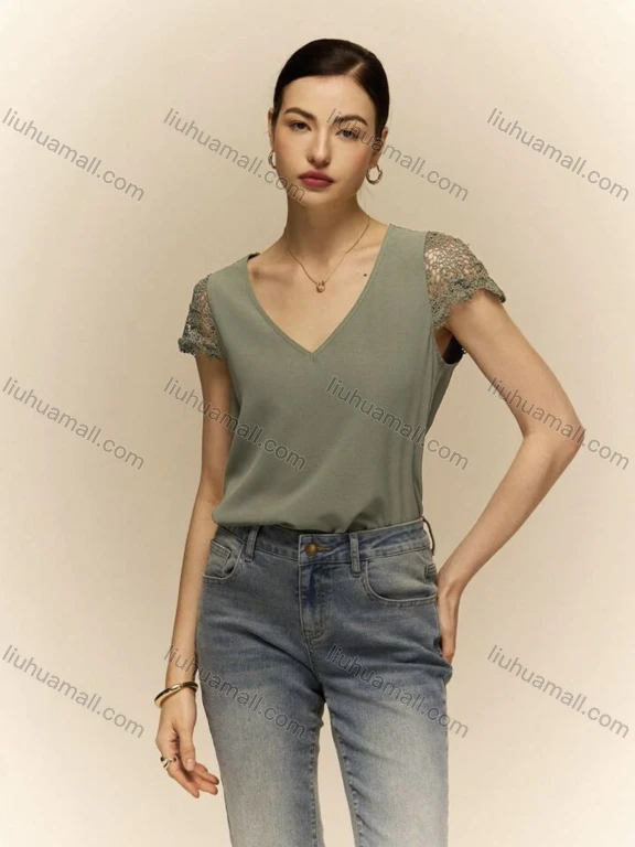 Wholesale Women's V-Neck Top with Lace Cap Sleeves and Back Detail LIUHUA CLOTHING WHOLESALE