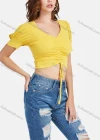 Wholesale Women's Casual Plain V Neck Drawstring Ruched Lantern Sleeve Crop Blouse - Liuhuamall