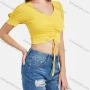 Wholesale Women's Casual Plain V Neck Drawstring Ruched Lantern Sleeve Crop Blouse preview