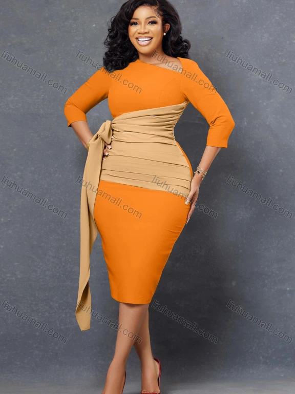 Wholesale Women's Business Asymmetrical Neck Ruched Tie Side 3/4 Sleeve Bodycon Midi Dress