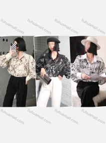 Wholesale Women's Casual Collared Long Sleeve Allover Print Top, LIUHUA CLOTHING WHOLESALE