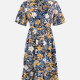 Women's Casual Short Sleeve Tie Neck Allover Floral Print Elastic Waist Midi Shirt Dress LS3003# Blue Clothing Wholesale Market -LIUHUA