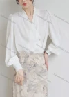 Wholesale Women's Casual Bishop Sleeve Wrap V Neck Side Button Ruched Plain Blouse 430292# - Liuhuamall