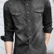 Wholesale Men's Casual Plain Distressed Long Sleeve Button Down Flap Pocket Denim Shirt Black 65% Elastic Cotton Clothing Wholesale Market Liuhua