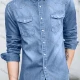 Wholesale Men's Casual Plain Distressed Long Sleeve Button Down Flap Pocket Denim Shirt Light Blue 65% Elastic Cotton Clothing Wholesale Market Liuhua