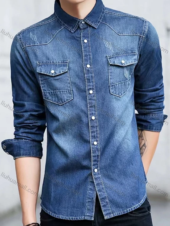 Wholesale Men's Casual Plain Distressed Long Sleeve Button Down Flap Pocket Denim Shirt