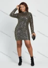 Wholesale Women's Fashion Mock Neck Argyle Sequin Glisten Long Sleeve Bodycon Short Dress - Liuhuamall