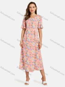Wholesale Woman's Casual Ruched Pleated Round Neck Bell Sleeve Floral Print Midi Dress, LIUHUA CLOTHING WHOLESALE