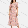 Wholesale Woman's Casual Ruched Pleated Round Neck Bell Sleeve Floral Print Midi Dress preview
