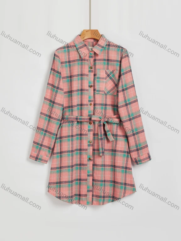 Wholesale Women's Plaid Collared Long Sleeve Button Down Pocket Curved Hem Casual Shirt Short Dress With Belt YH-7099#