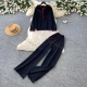 Wholesale Women's Casual Half Zip Hooded Contrast Trim Wide Leg Sweatpants 2 Piece Lounge Set #A2615 Black Clothing Wholesale Market Liuhua