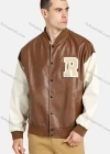 Wholesale Unisex Colorblock PU Leather Cartoon Letter Print Streetwear Baseball Bomber Jacket - Liuhuamall