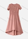 Wholesale Women's Casual Plain Round Neck Button Front Short Sleeve Ruffle Hem Midi Dress - Liuhuamall
