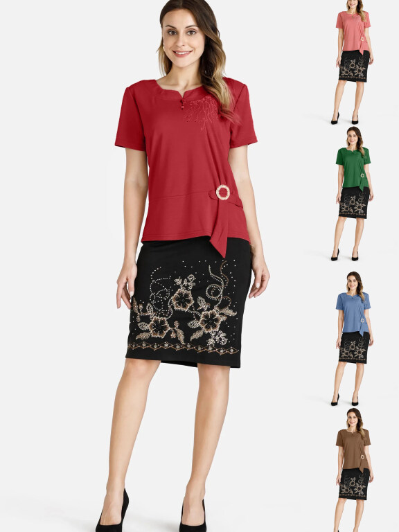 Women's Casual Notch Neck Sequin Blouse & Floral Print Skirt Set, Clothing Wholesale Market -LIUHUA, WOMEN, Sets