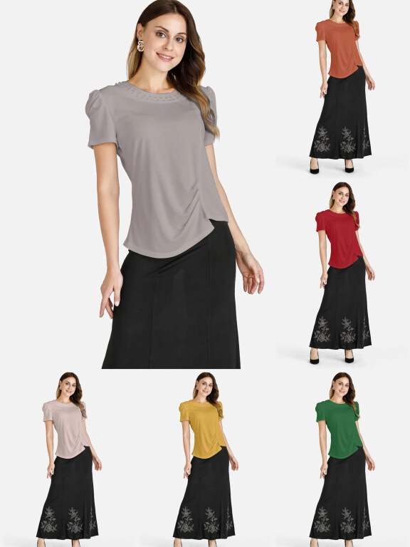 Women's Casual Short Sleeve Pearl Decro Top & A Line Long Skirt Set, Clothing Wholesale Market -LIUHUA, WOMEN, Sets