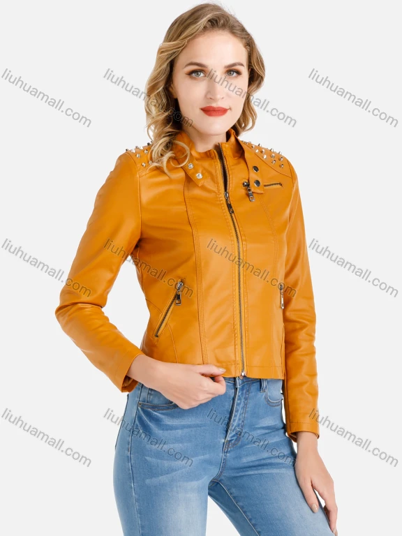 Wholesale Women's Plain Stand Collar Rivets Zipper Pockets Button Front Crop Faux Leather Jacket