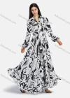 Wholesale Women's Tie Neck Lantern Sleeve Letter Print Slim Waist Ruffle Hem Maxi Dress 2218# - Liuhuamall