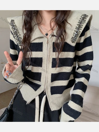 Wholesale Women's Casual Peter Pan Collar Zipper Striped Knitted Jackets 8144#