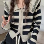 Wholesale Women's Casual Peter Pan Collar Zipper Striped Knitted Jackets 8144# preview