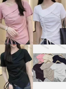 Wholesale Women's Casual Plain Asymmetrical Neck Short Sleeve Drawstring Top, LIUHUA CLOTHING WHOLESALE