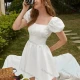 Wholesale Women's Retro Square Neck Puff Sleeve Open Back Shirred Ruffle Hem Plain Short Dress AY185# White Clothing Wholesale Market Liuhua