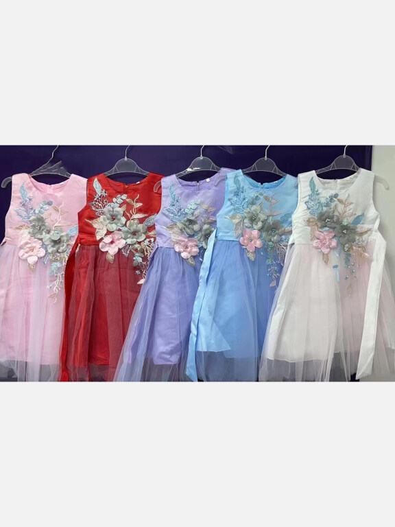 Girls Lovely Crew Neck Sleeveless Appliques Lace Up Dress 39#, Clothing Wholesale Market -LIUHUA, KIDS-BABY, Girls-Clothing