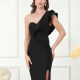 Women's One Shoulder Layer Trim Split Thign Midi Evening Dress Black Clothing Wholesale Market -LIUHUA