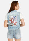 Wholesale Women's Casual Graphic Print Button Front Flap Pockets Distressed Denim Vest Jacket - Liuhuamall