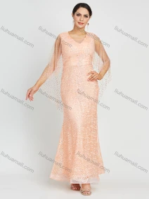 Wholesale Women's Glamorous Appliques V Neck Sleeveless Mesh Embroidery Rhinestone Maxi Mermaid Evening Dress, LIUHUA CLOTHING WHOLESALE