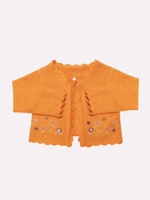 Baby's Cute Scalloped Trim Long Sleeve Floral Embroidery One Button Sweater Cardigan, Clothing Wholesale Market -LIUHUA, KIDS-BABY, Infant-Toddlers-Clothing