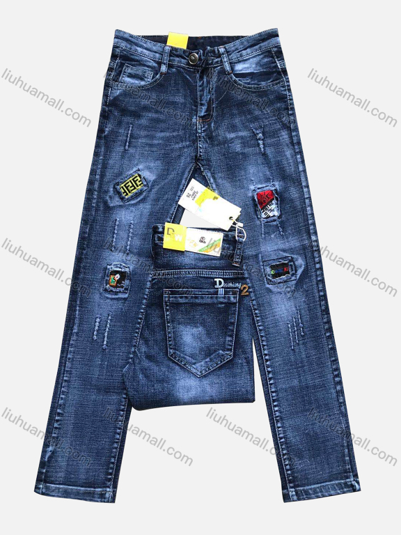 Wholesale Boys Casual Button Pockets Frayed Patched Labelled Embroidered Plain Jean 206#