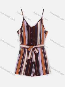 Wholesale Women's Casual Spaghetti Strap V-Neck Striped Print Button Front Belted Romper, LIUHUA CLOTHING WHOLESALE