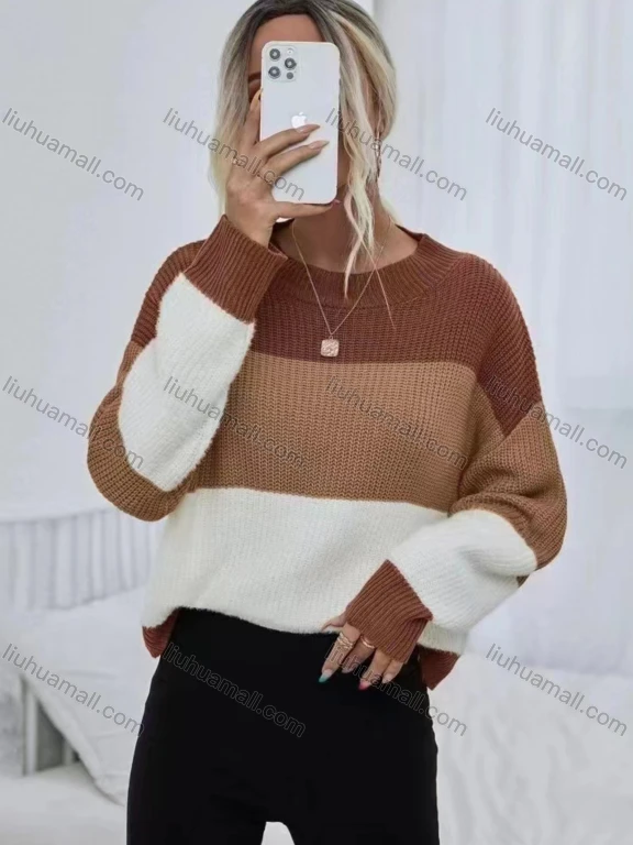 Wholesale Women's Round Neck Colorblock Pullover Sweater